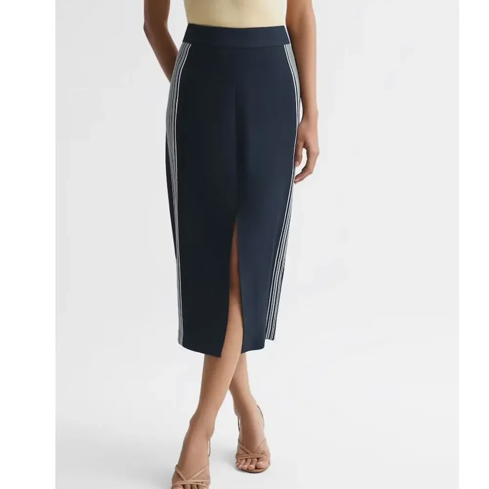 REISS Pia Navy High Rise Midi Pencil Skirt Side Stripe Slit US 4 MSRP $295